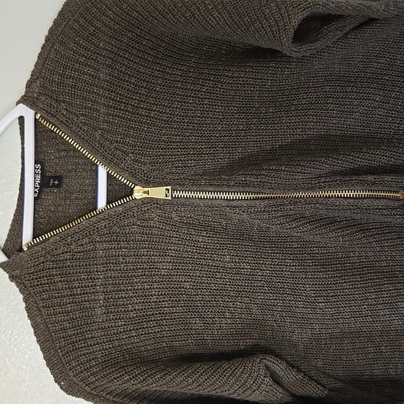 Express | Olive Green Gold Zipper Knit Sweater Size Small - Picture 3 of 8